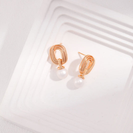 Vintage Oval Lines Pearl Earings -18kGold on Silver