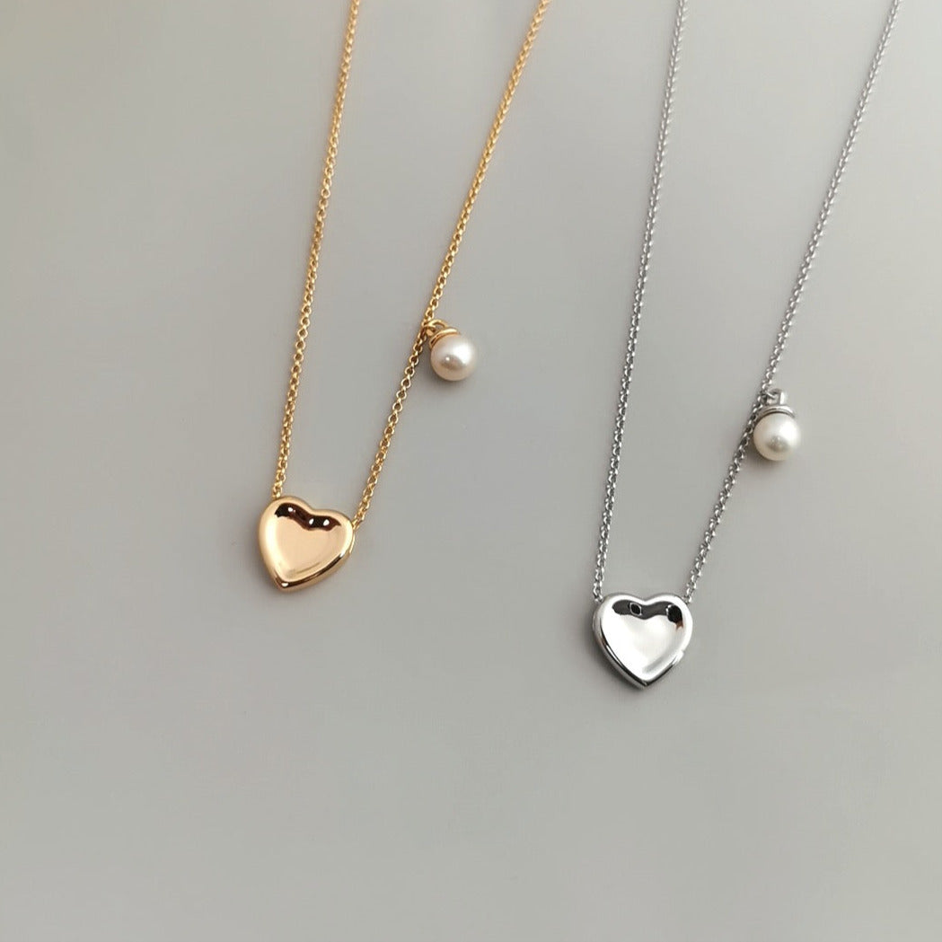 Minimalist Heart with Pearl Necklace -18kGold on Silver