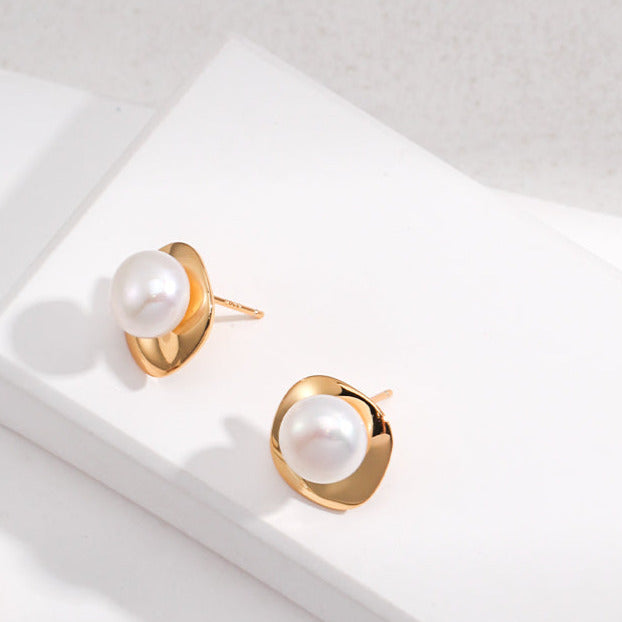 Geometric and Round Pearl Earrings -18kGold on Silver