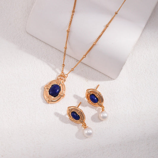 Lapis Lazuli & Pearl Retro Necklace -18k Gold-Filled Silver