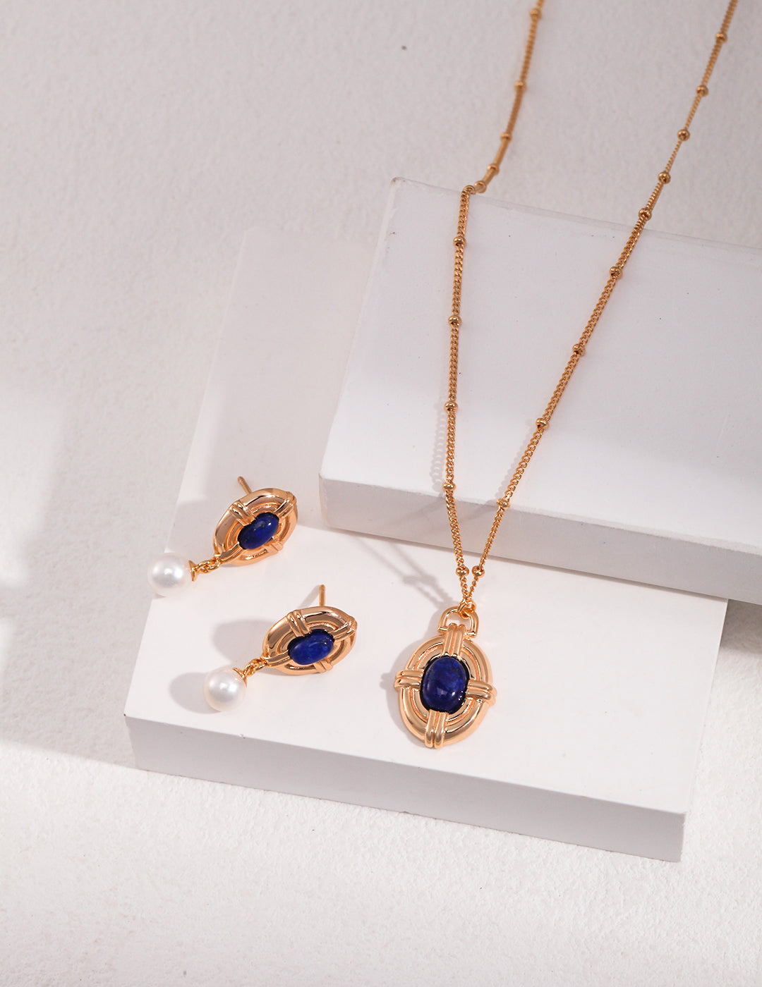 Lapis Lazuli & Pearl Retro Necklace -18k Gold-Filled Silver