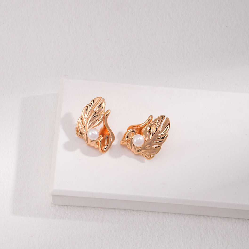 Folded Leaf Pearl Stud Earrings -18kGold on Silver