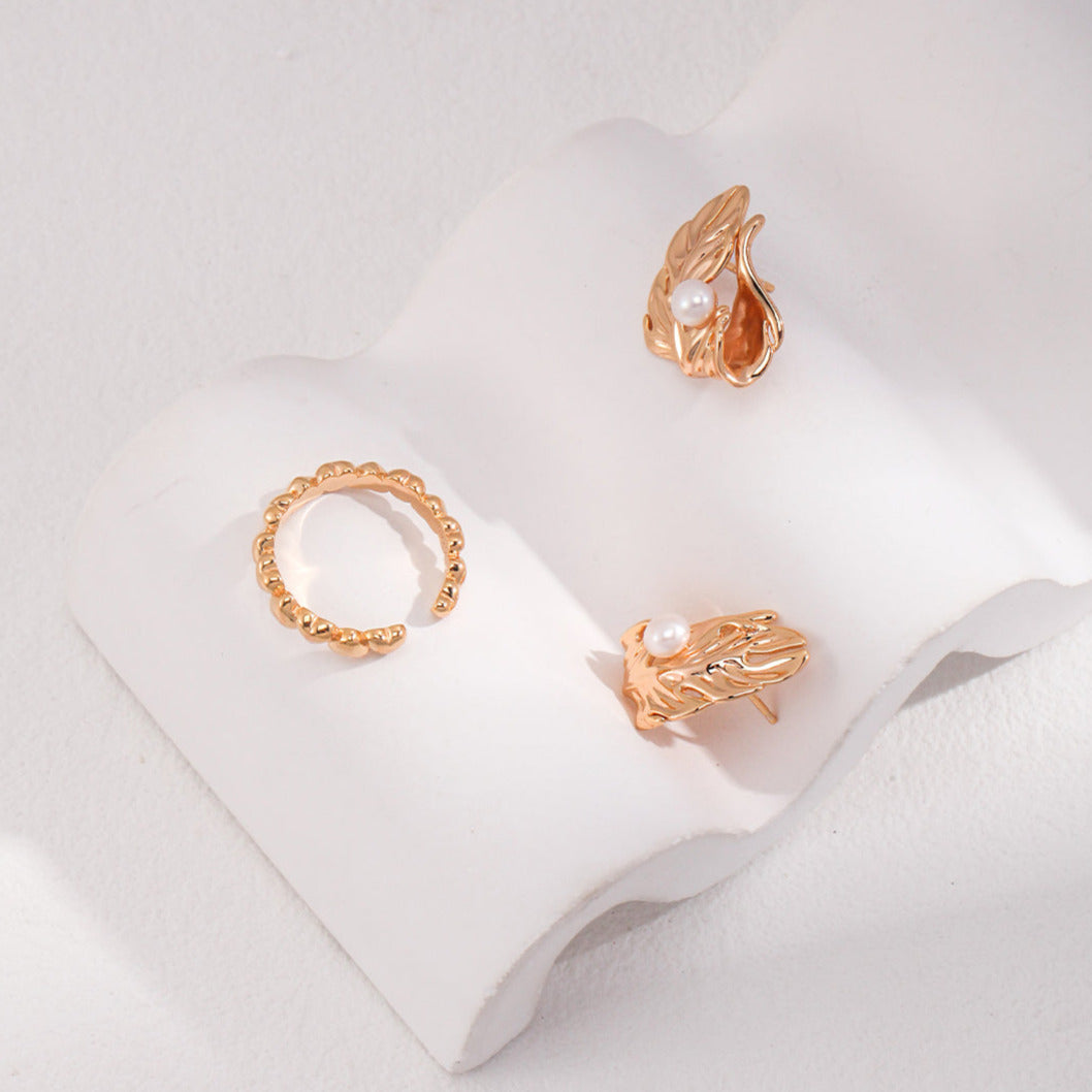 Folded Leaf Pearl Stud Earrings -18kGold on Silver