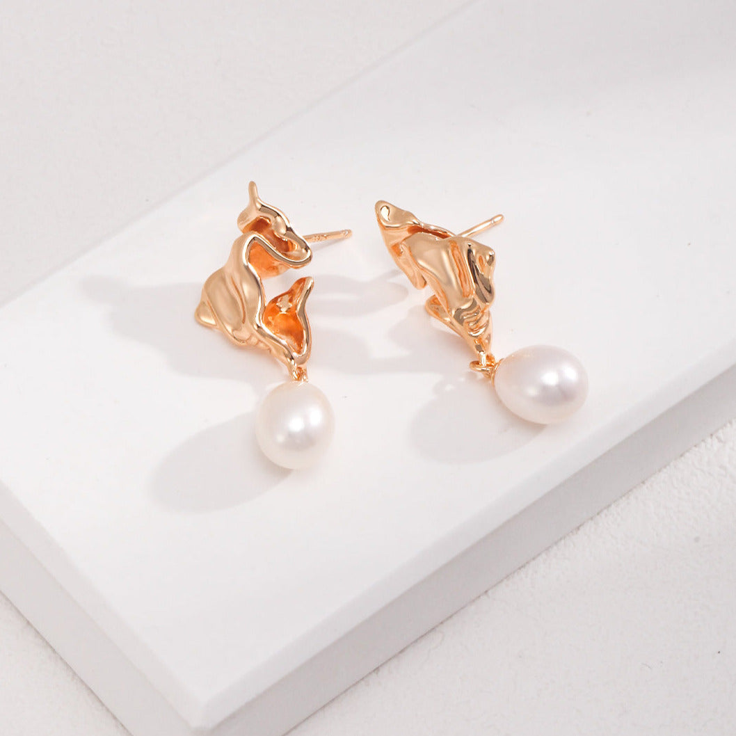Foil Textured Pearl Drop Earrings -18kGold on Silver
