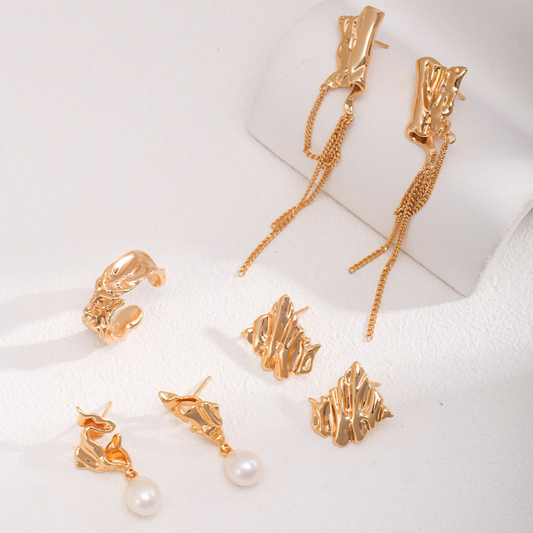 Foil Textured Pearl Drop Earrings -18kGold on Silver