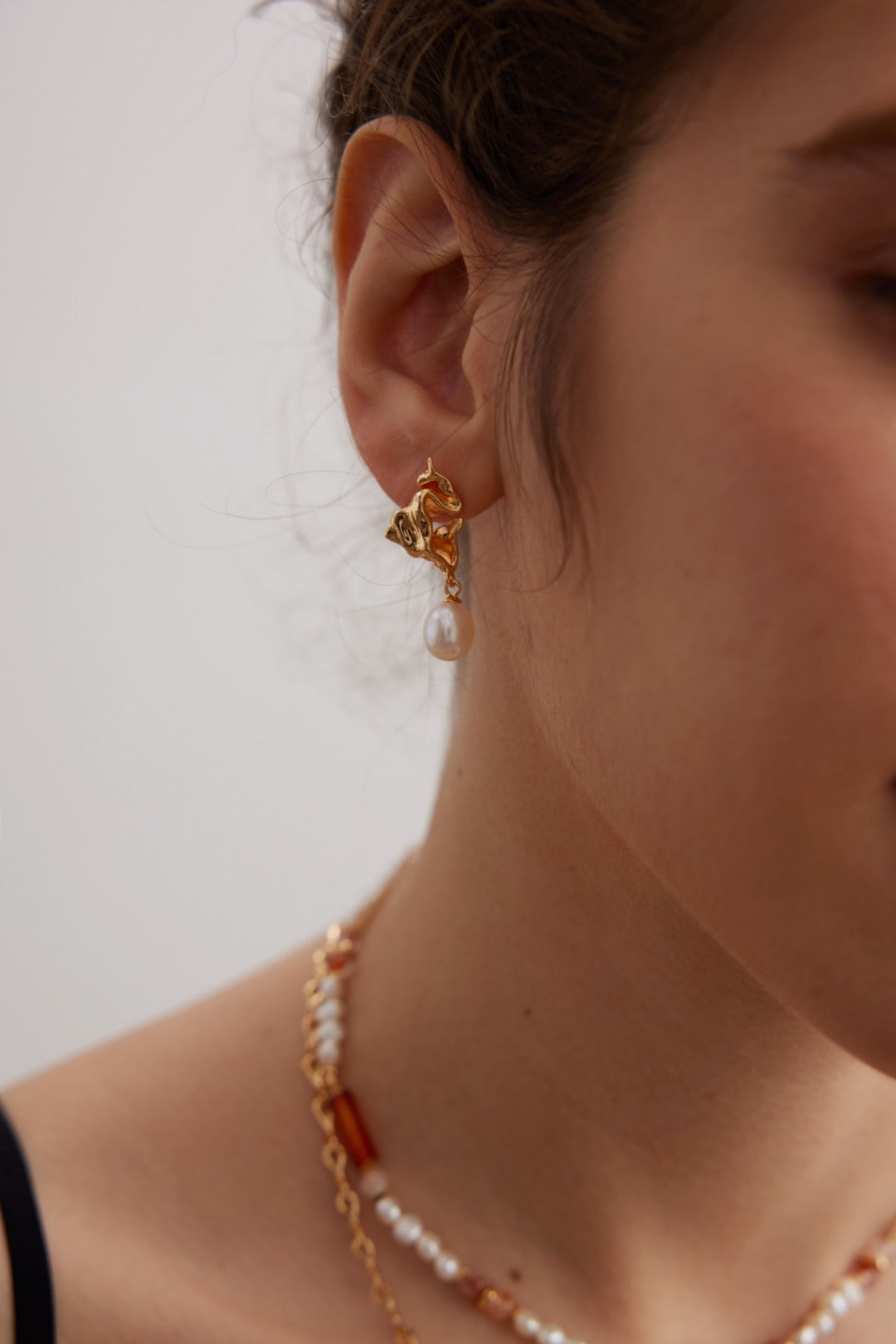 Foil Textured Pearl Drop Earrings -18kGold on Silver