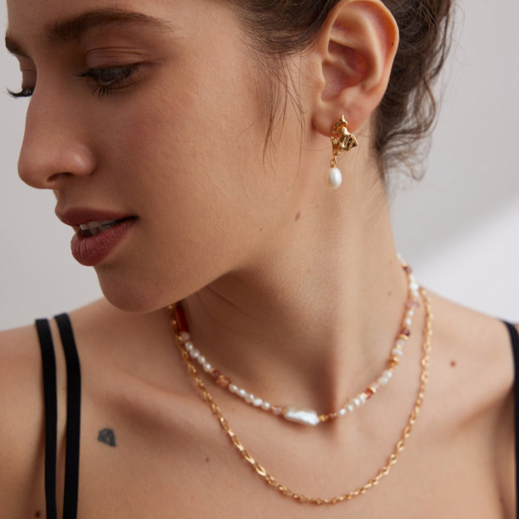 Foil Textured Pearl Drop Earrings -18kGold on Silver