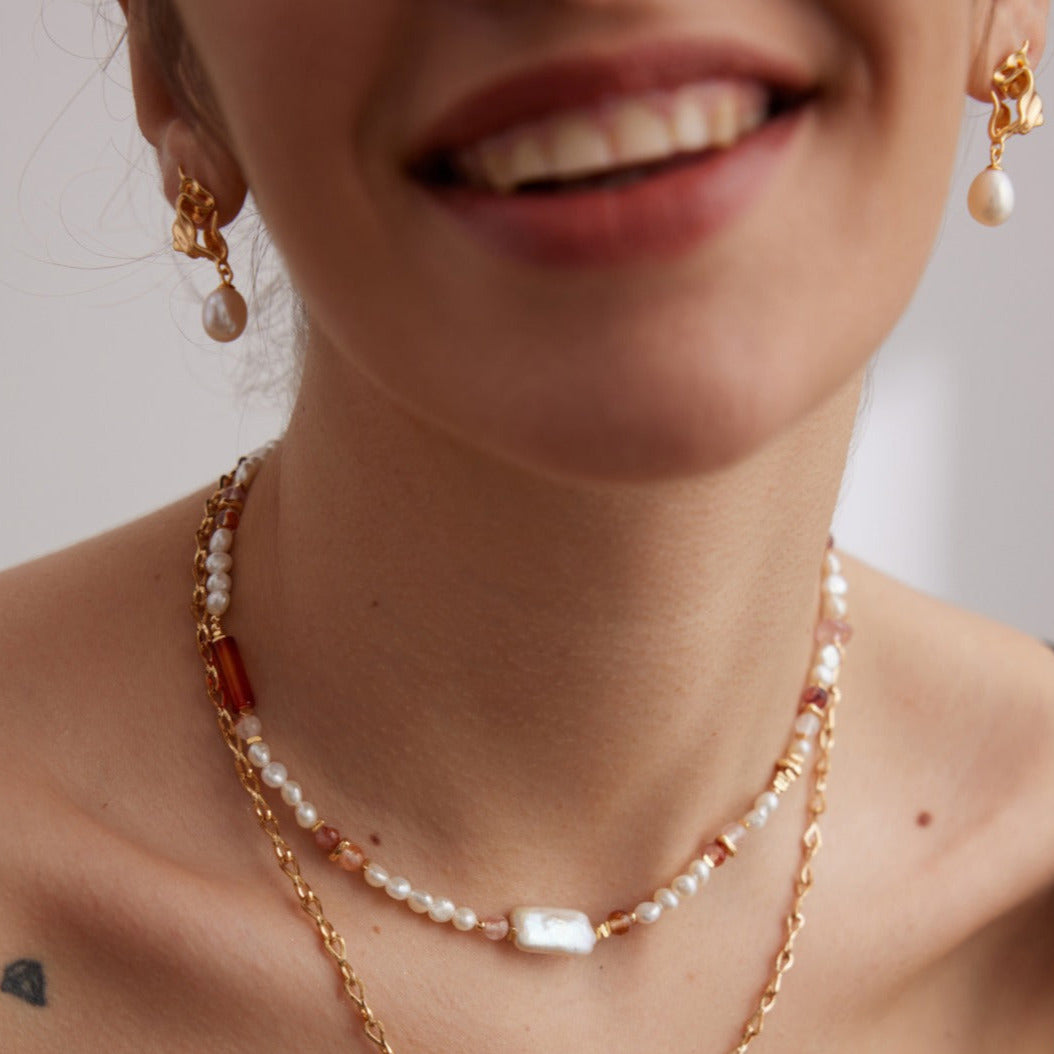 Foil Textured Pearl Drop Earrings -18kGold on Silver