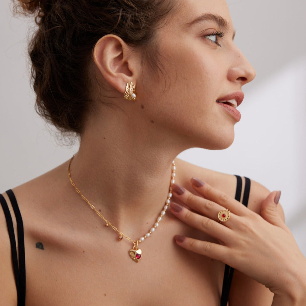 Folded Leaf Pearl Stud Earrings -18kGold on Silver