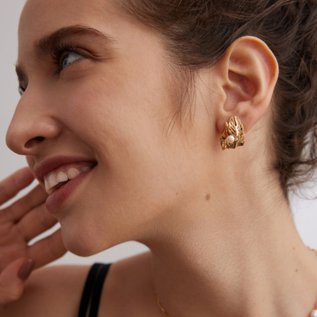 Folded Leaf Pearl Stud Earrings -18kGold on Silver