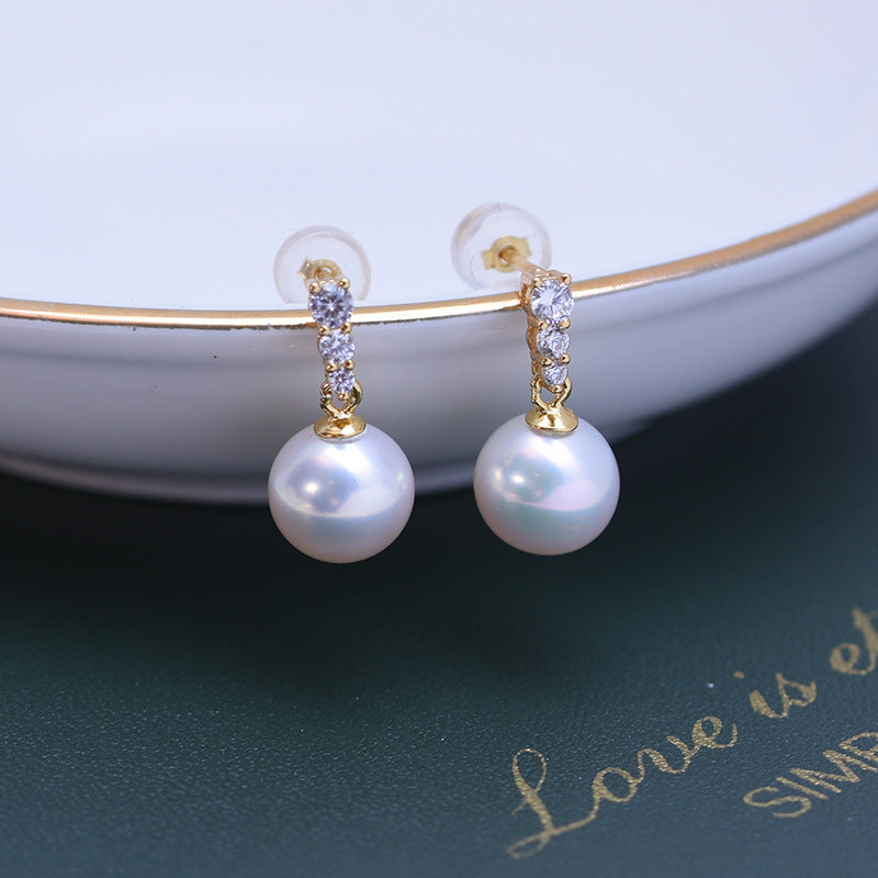 Three Zircon Earrings AAA 9mm Freshwater Pearl Stud