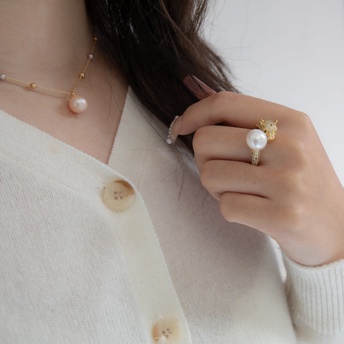 Leopard Head Gold Adjustable Ring with Pearl Head