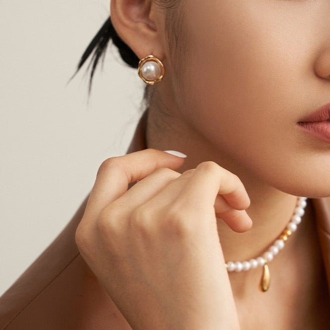 Sunny-Side Up Gold Pearl Stud Earrings