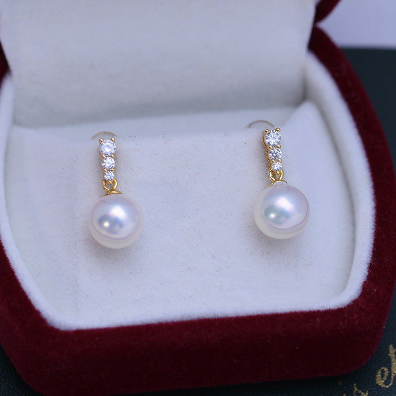 Three Zircon Earrings AAA 9mm Freshwater Pearl Stud