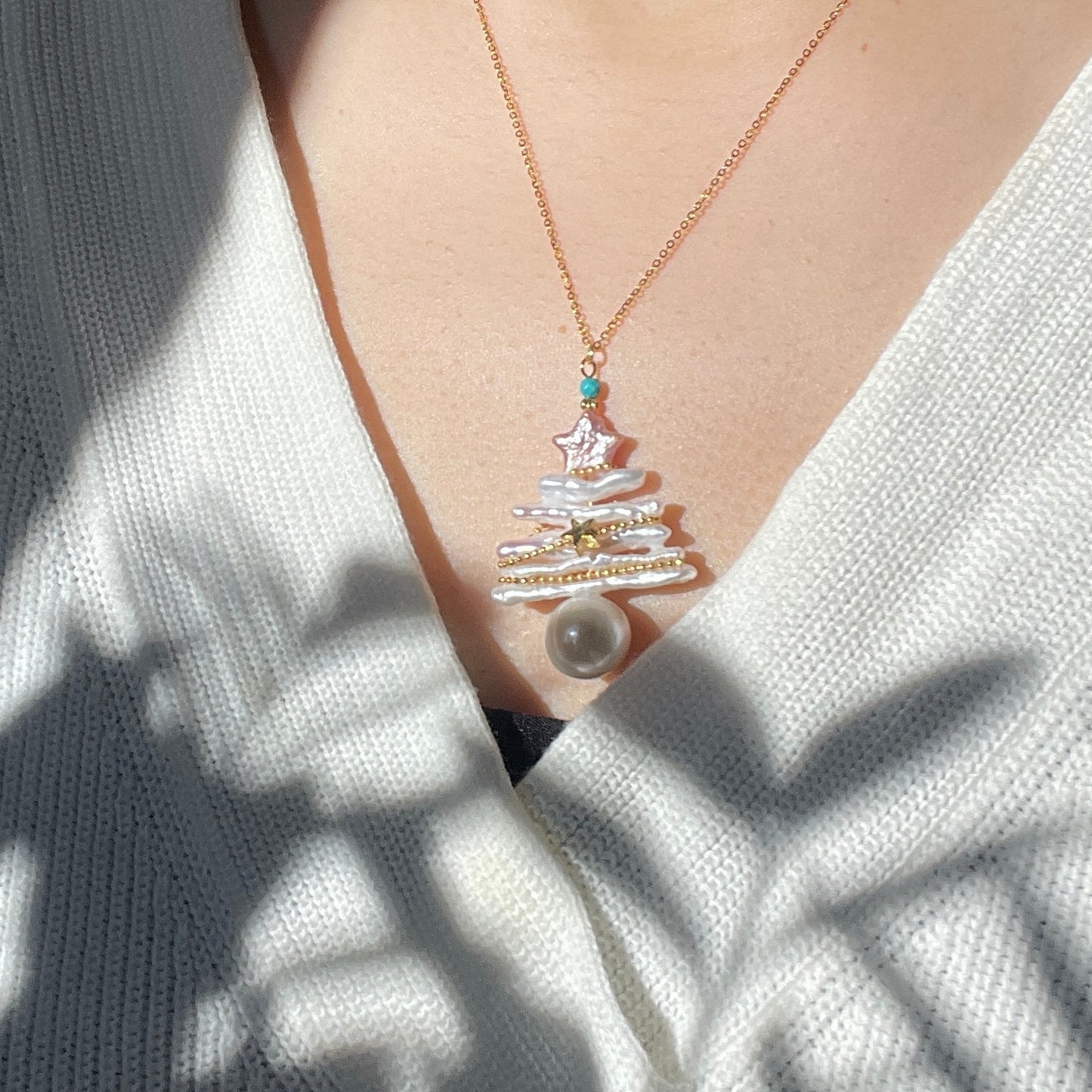 Pearl Christmas Tree Necklace or Brooch- Handmade Organic Pearls