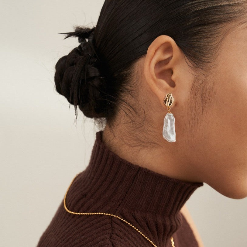Rectangle Baroque Pearl Ear Drops(Sterling Silver)