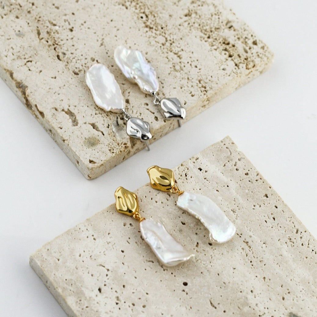 Rectangle Baroque Pearl Ear Drops(Sterling Silver)