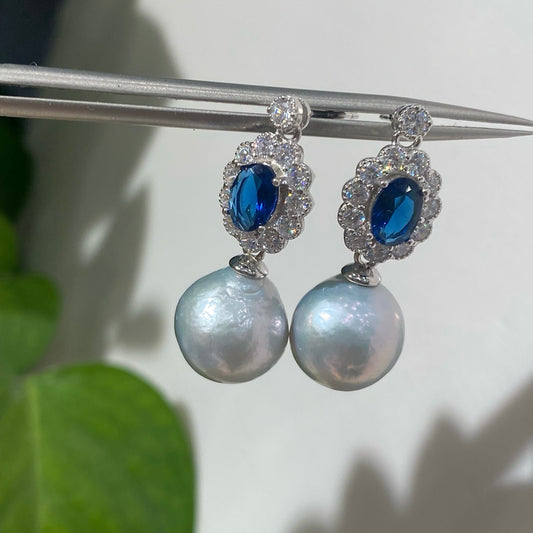 Luxurious Zircon Sapphire Baroque Pearl Drop Earrings