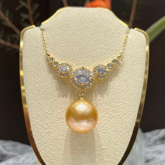 Luxurious Queen Zircon Natural Gold Yellow Pearl Necklace AAA 12-13mm