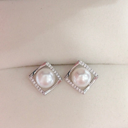 Simple Square Zircon Freshwater Pearl Earrings