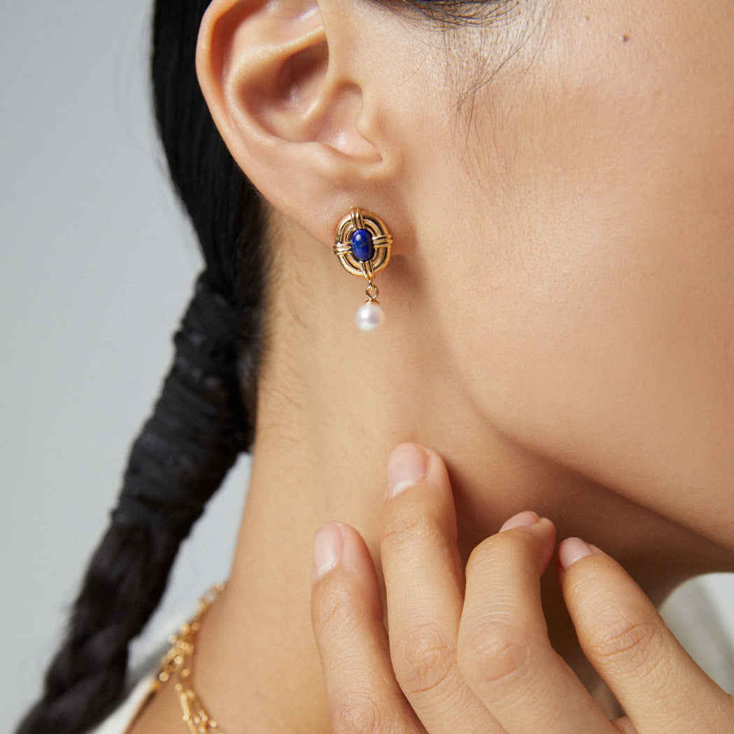 Lapis Lazuli & Pearl Retro Earrings -18k Gold-Filled Silver