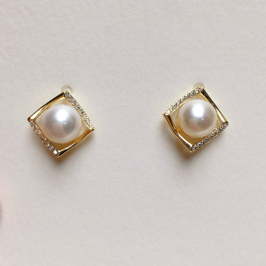 Simple Square Zircon Freshwater Pearl Earrings