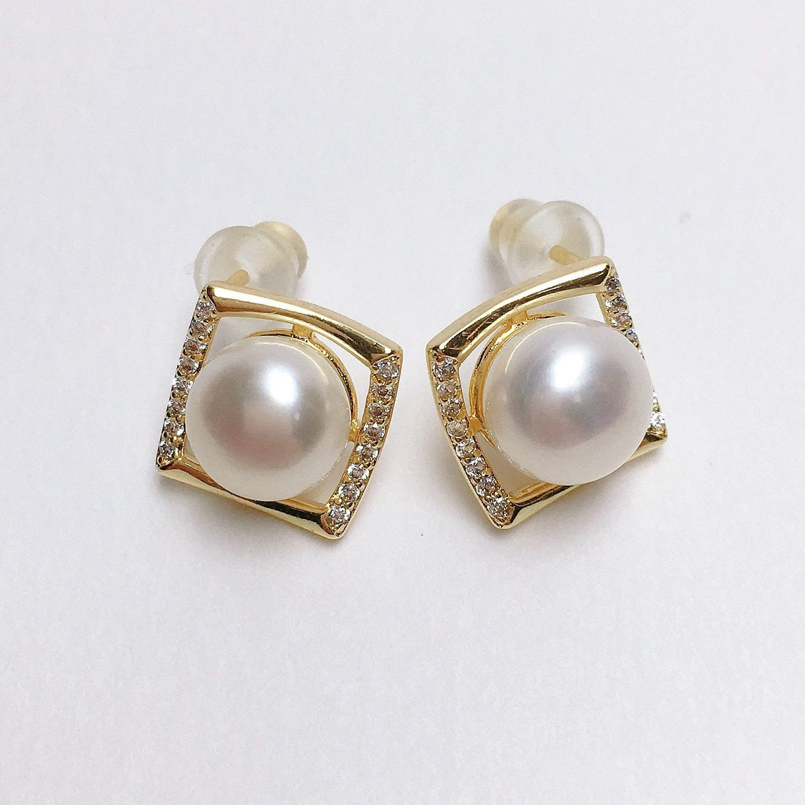 Simple Square Zircon Freshwater Pearl Earrings