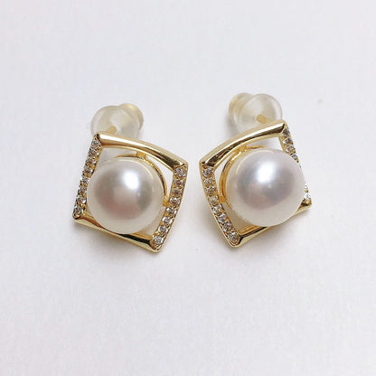 Simple Square Zircon Freshwater Pearl Earrings