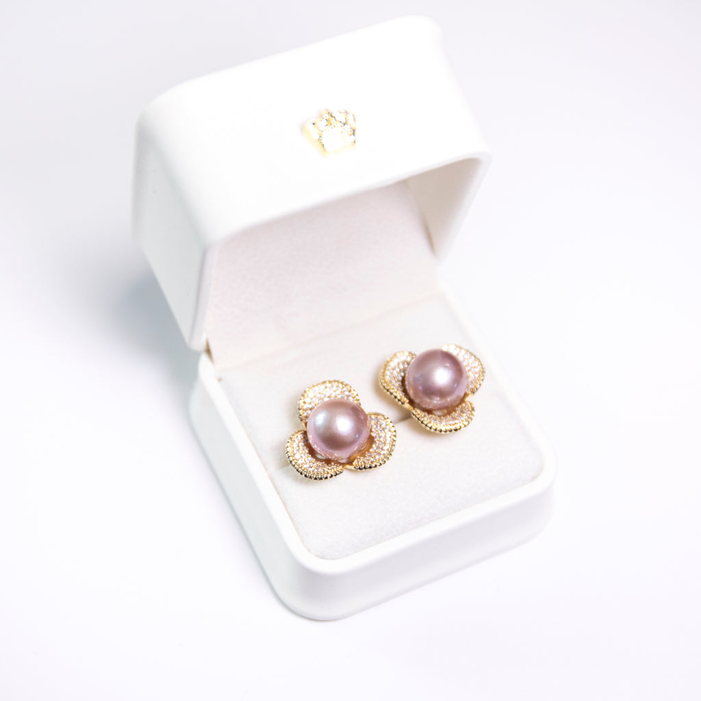 Flower Blossom Zircon Purple Pearl Earrings featuring 12–13mm purple freshwater pearl