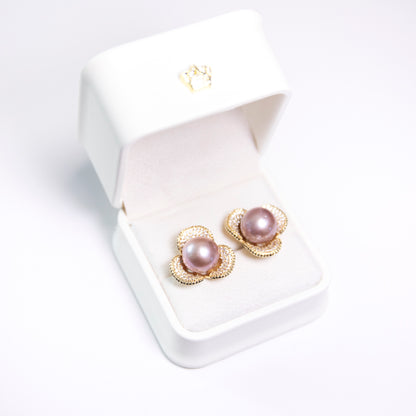 Flower Blossom Zircon Purple Pearl Earrings featuring 12–13mm purple freshwater pearl