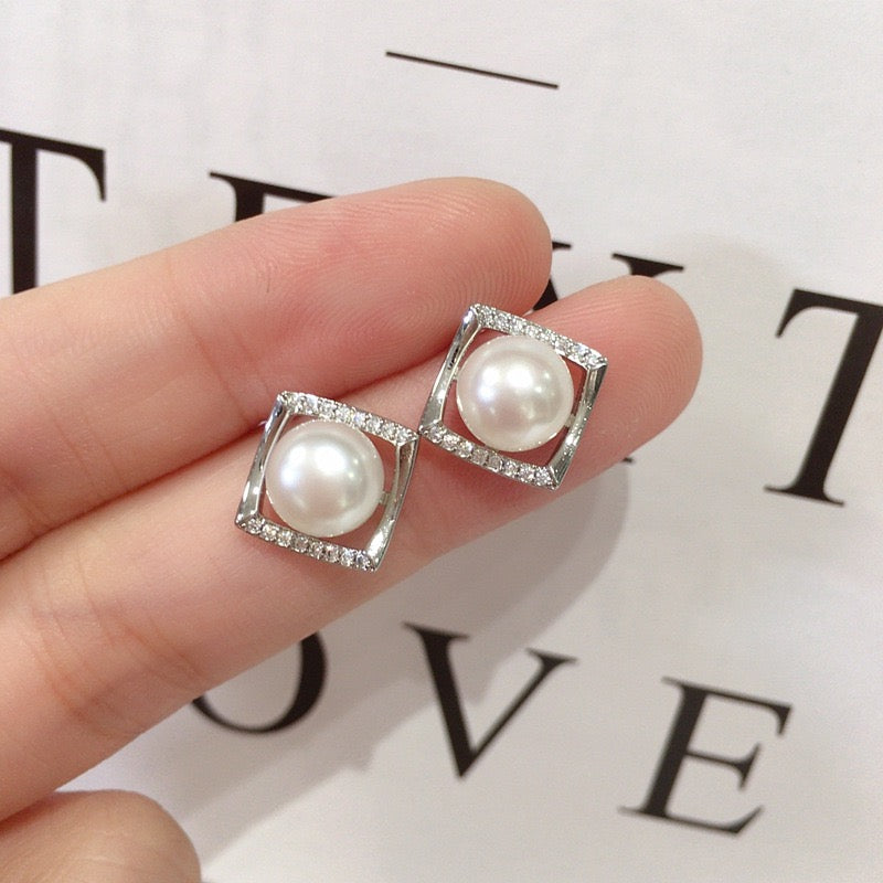 Simple Square Zircon Freshwater Pearl Earrings