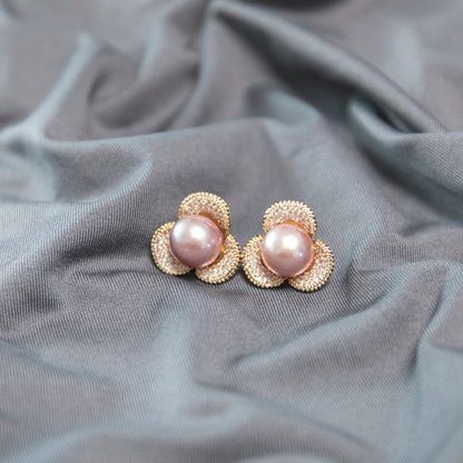 Flower Blossom Zircon Purple Pearl Earrings featuring 12–13mm purple freshwater pearl