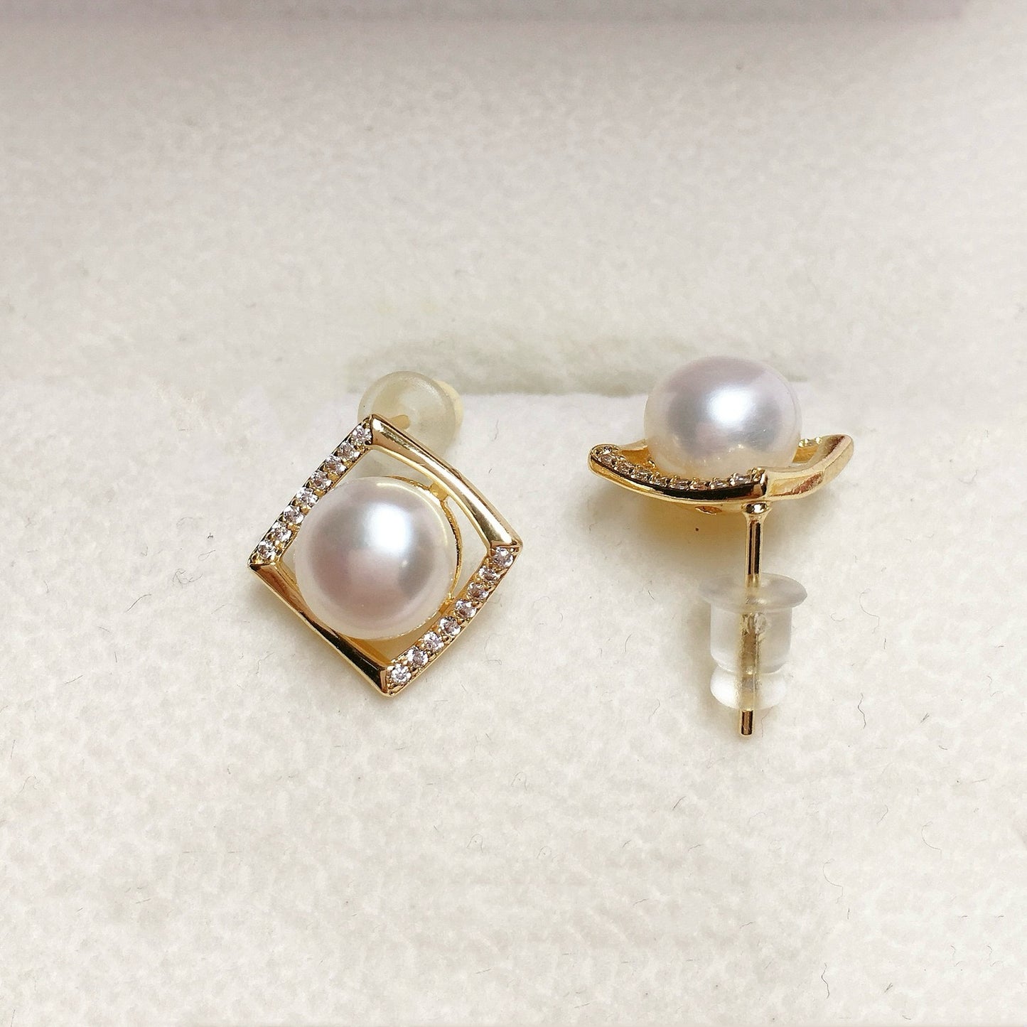 Simple Square Zircon Freshwater Pearl Earrings