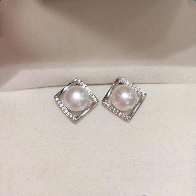 Simple Square Zircon Freshwater Pearl Earrings