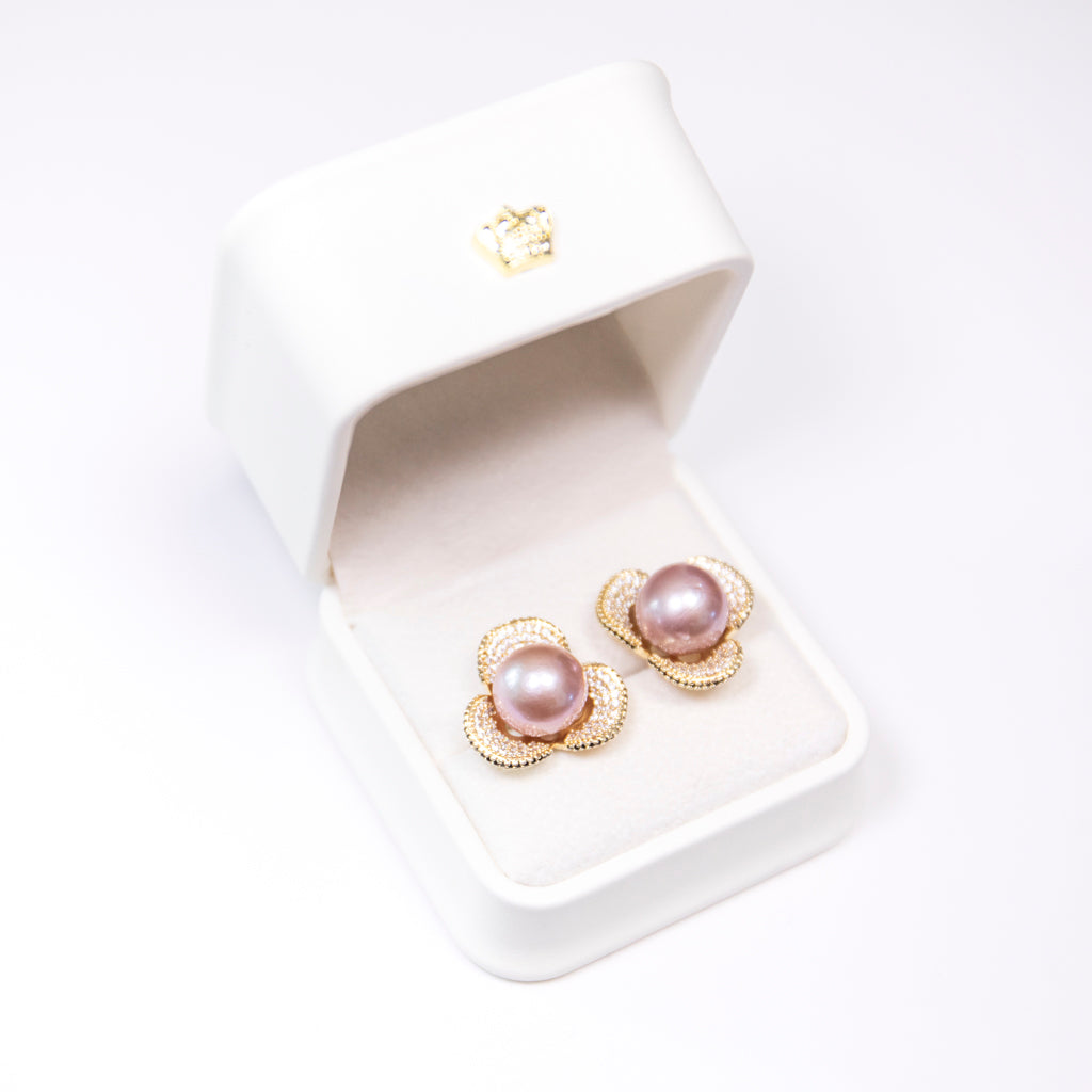 Flower Blossom Zircon Purple Pearl Earrings featuring 12–13mm purple freshwater pearl