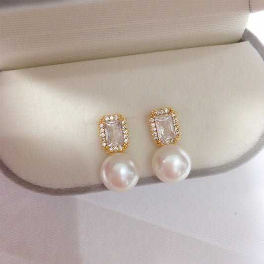 Luxury Square Zircon Freshwater Pearl Stud Earrings