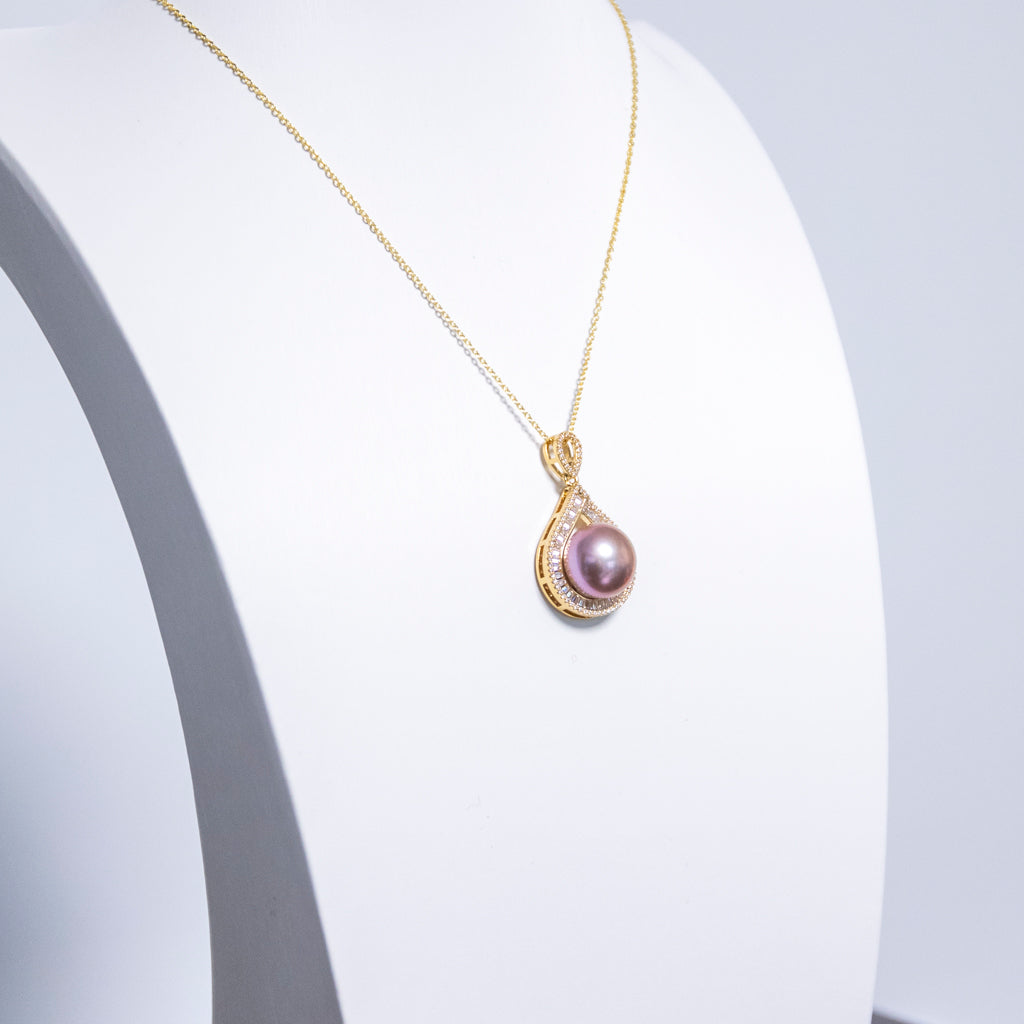 Large Size 15mm AAAA Purple Pearl on Water Drop Zircon Necklace