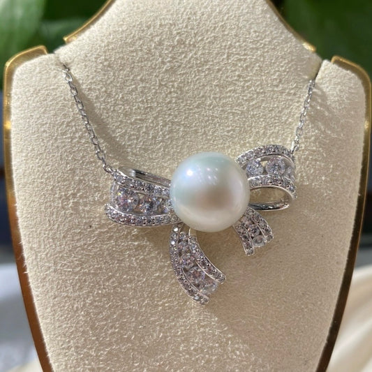 Brilliant Bow Pearl Necklace- AAAA 12mm Freshwater