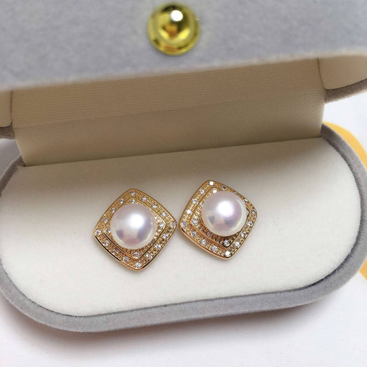 Shiny Dual Square Zircon Freshwater Pearl Earrings