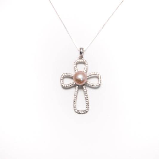 Zircon Cross Pink Pearl Necklace