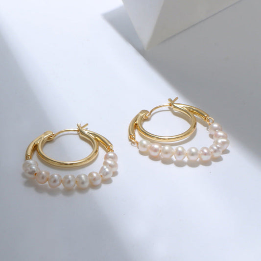 Minimalist Double Pearl Circle Earrings