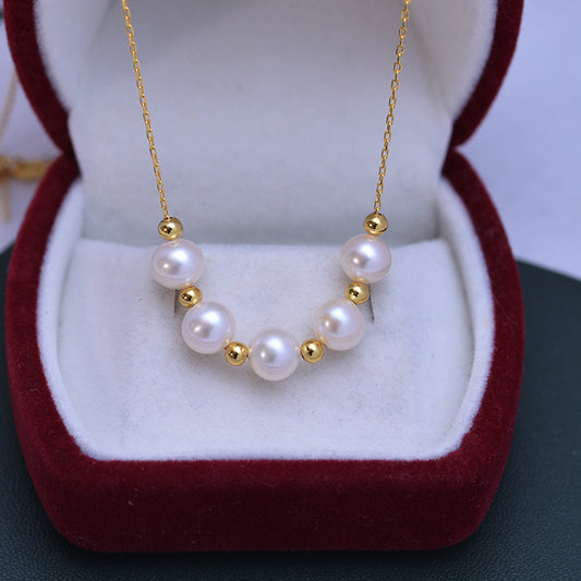 Smile with Gold Beads Three 7mm Freshwater Pearl Necklace