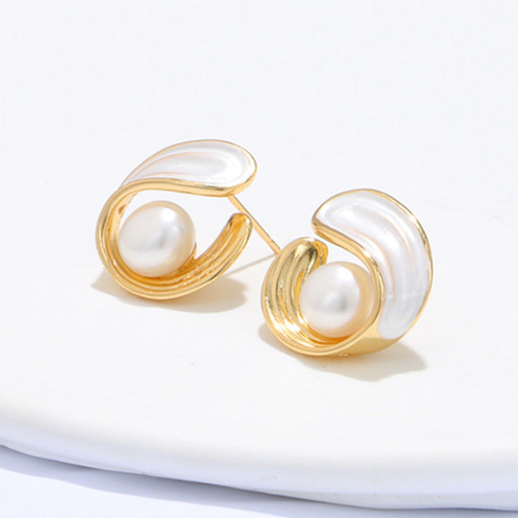 Wave-Wrapped Pearl Stud Earrings