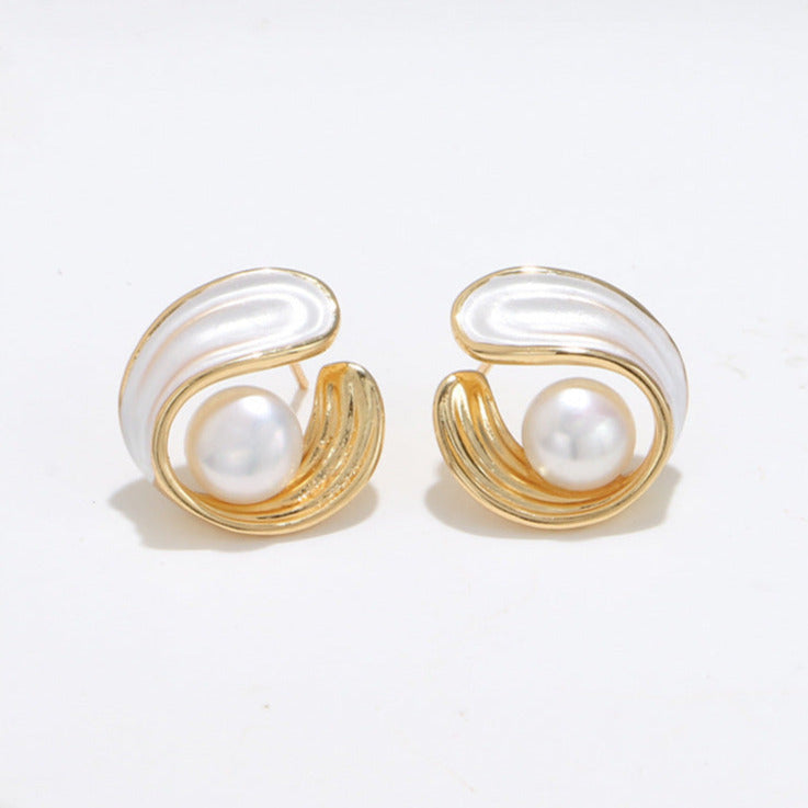 Wave-Wrapped Pearl Stud Earrings