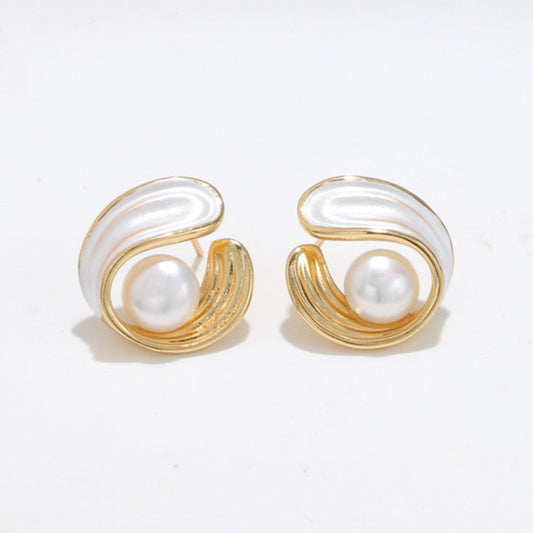 Wave-Wrapped Pearl Stud Earrings