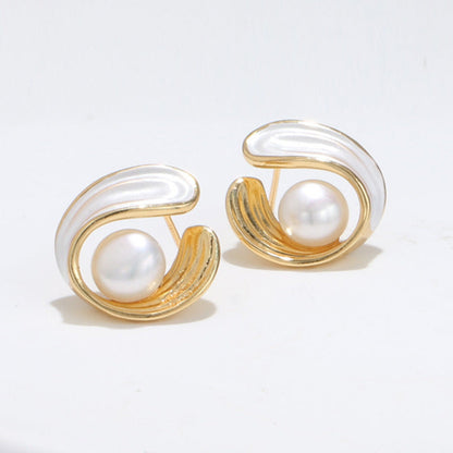 Wave-Wrapped Pearl Stud Earrings