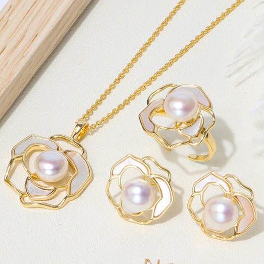 Camellia Pearl Stud Earrings/Necklace/Ring