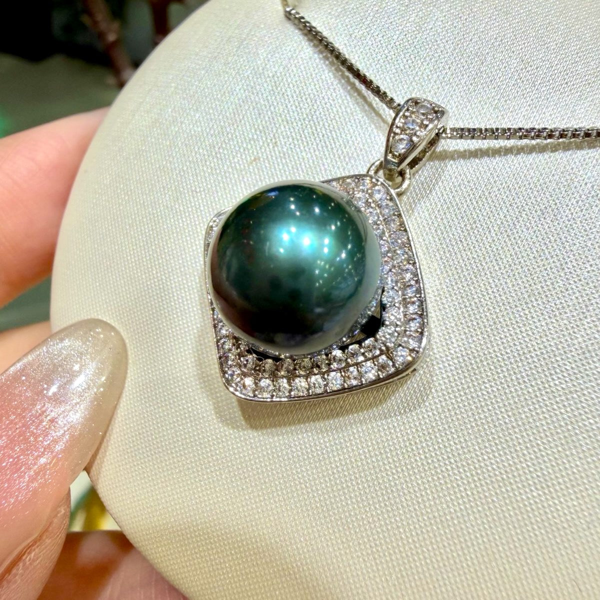 Deep Green Halo Pearl Necklace, 11–12mm featuring 11–12mm deep green freshwater pearl