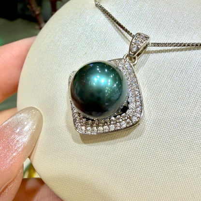 Deep Green Halo Pearl Necklace, 11–12mm featuring 11–12mm deep green freshwater pearl