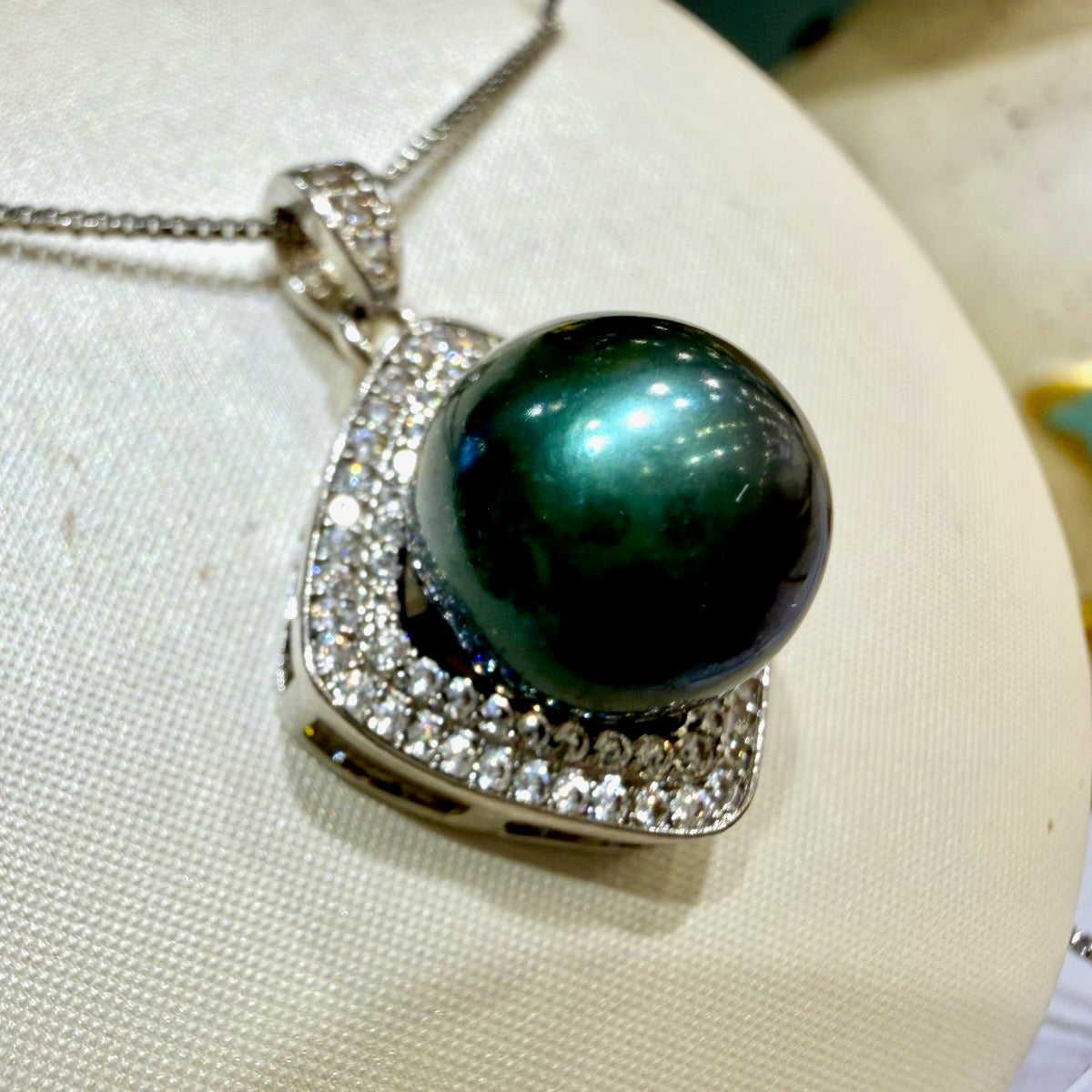 Deep Green Halo Pearl Necklace, 11–12mm featuring 11–12mm deep green freshwater pearl